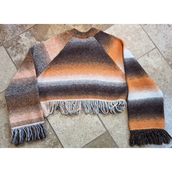 ZARA Boho Cropped Fringe Striped Pull Over Knit Sweater Brown Orange Size Small - Picture 2 of 10